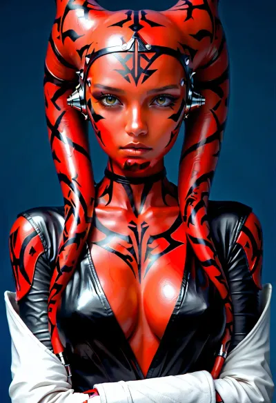 Uber realistic, 8k, ultra detailed, masterpiece, (beautiful_face:1.5), (darth_talon:1.5), star wars, (twilek:1.5), (red_skin:1.5), bald, (large_breasts:1.5), full_body, (head_tails:1.5)