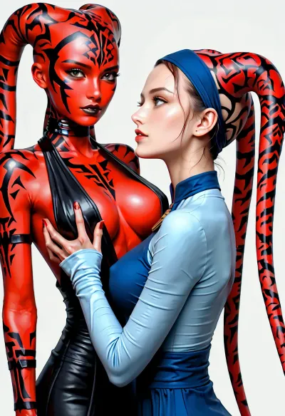 Uber realistic, 8k, ultra detailed, masterpiece, (beautiful_face:1.5), (darth_talon:1.5), star wars, (twilek:1.5), (red_skin:1.5), bald, (large_breasts:1.5), full_body, (head_tails:1.5)