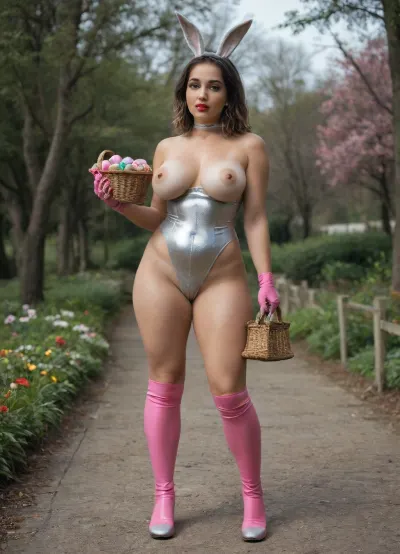 Rear view, side view, bottom up view, full body view, ((busty chubby shemale)), ((dickgirl with large ass)), grey glitter bunny costume with white pompom, (pompom), (((grey bunny costume))), grey bustier, grey panty, skintight dress, wetlook dress, white hold-up latex stockings, ankle boots, pink latex gloves, sexy femme fatal, a real stunner, medium sized penis, visible penis, flaccid hanging penis, semi erected penis, veiny penis, bulging testicles, precum dripping, stunning beautiful face, gorgeous supermodel face, ful shining lips, dark red lipstick, long lashes, eyeshadow, eyeliner, sexy make up, red lipstick, red fingernails, perfectly rounded apple sized sexy ass, perfectly rounded natural breasts, erected nipples, waist, wide feminine hips, thick tighs, sexy curvy body, tan line, hourglas figure, perfect fingers, background spring garden, holding a basket with easter eggs, cherry blossom season, sunrise dawn time, blue hour photo light