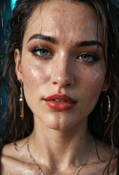 A woman created with a high level of detail and a glossy, almost hyper-realistic quality typical of Darkest Dungeon fantasy art. The gorgeous cyberpunk model is dressed in a modernized geisha outfit, the main colors of her clothes are pink and black, which emphasize her figure, reflect light and shine. A beautiful face.the details of the face are realistic. rainy day, dripping wet day, Japanese temple backdrop, epic masterpiece, cinematic experience, Cyberpunk 2077 8k, fantasy digital art, HDR, UHD. This contrast between the fantastic character and the more traditional color scheme and elements gives the product an intriguing narrative character. The model squats down and looks at the camera, stretching one leg towards the camera.Close-up. Close-up model