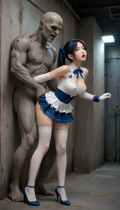 white sleeveless dress, white sleeveless dress with blue stripes on sides, blue ribbon, navy blue skirt, white elbow gloves, navy blue bracers, white stockings with a blue stripe, navy blue hair with ponytail, blue garter belt, black stiletto high heels, dark blue hair, stockings with a lace elastic band, high resolution, ultra details, bounce lines, zombie monster, zombie monster with big cock, in the laboratory, dark laboratory, zombie monster much bigger than female, breasts exposed, erect nipples, torn clothes, ripped clothes, ultra detailed, anatomically correct, fucked from behind, against the wall, vaginal penetration, doggystyle