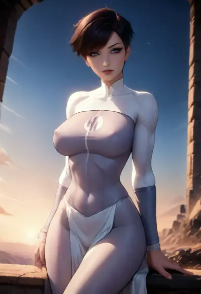 5/6 sideview, female viltrumite, female floating in the air, arms crossed, (dynamic lighting:1.3), skin thight white viltrumite bodysuit, best quality, highly detailed, source_anime, 1girl, (pixie cut hairstyle:1.2), (windswept pelvic curtains), jet black hair, sexy pose, in the, (vibrant sky setting:1.1), wispy clouds, perfect hourglass figure, abs, athletic build, (huge tits:1.3), (wide hips:1.4), (sitting:1.2), (head tilt), (arched back:1.2), incase style, reiq, Anissa1024, (muscular physique:1.1), (short), pelvic curtain, detailed shadows, (dynamic lighting:1.2), woman, flying pose, large, breasts, big, boobs, huge, tits, <lora:287175_training_data:2>, <lora:ReiqIllustriousXL_byKonan:1.2>, <lora:Anissa1024:2>, <lora:bombshell_v2:1.1>