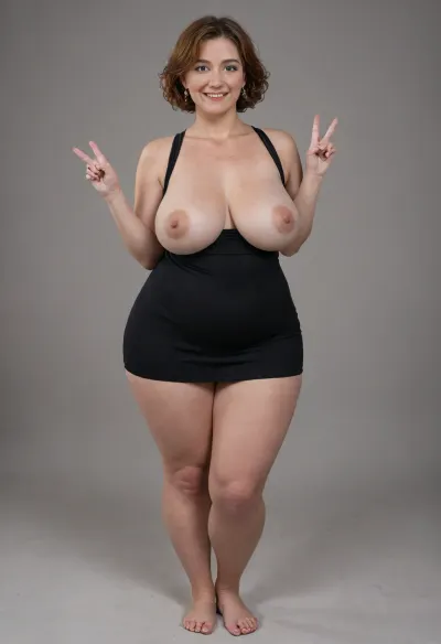 Granny, Fat mature woman 65 years old, ((wearing V Neck Sleeveless Backless Bodycon black mini Dress)), (almost-topless1.4), fair skin, ((smiling sweetly:1.2)), bedroom background, ((looking at viewer)), ((chubby body:1.3)), (((full body head to toe))), (pokies:1.3), hard nipples, sharp nipples, hairy pussy, excessive pubic hair, natural, thick, brown and auburn balayage hair, fat belly, large belly, wide hips, big hips, huge hips, h41ry, <lora:h41ry:.5>