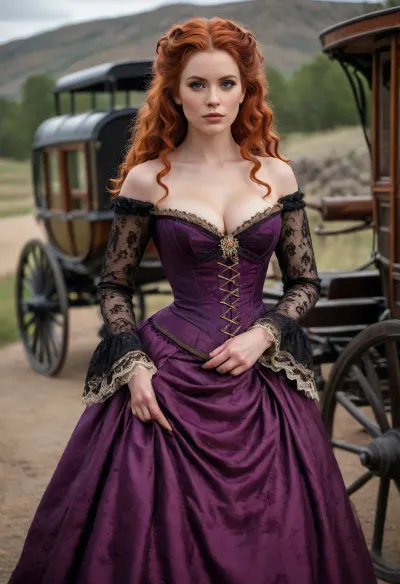 A realistic and detailed image of a tan and chesty, topless, female from the 1870s with her red hair styled in an long messy with curls, She is dressed in a gorgeous dark violet and black gown with a tight bodice and long sleeves, made from rich fabrics such as silk, velvet, or brocade. The bodice is designed to showcase her cleavage, adding a touch of allure to her elegant attire. The skirt of the gown is lavishly designed with layers of fabric, lace, and intricate embroidery, creating a voluminous and luxurious silhouette. The woman is posed standing next to a stagecoach, (showing breasts), pulling down her top to reveal big hard tits, (nipples out), climax expression, a common mode of transportation from that era. The stagecoach is intricately detailed, with polished wood panels, brass fittings, and large spoked wheels, providing a striking contrast to the woman's elegant attire. The background features a rustic landscape with rolling hills and a dirt road, further emphasizing the authenticity of the 1870s setting.