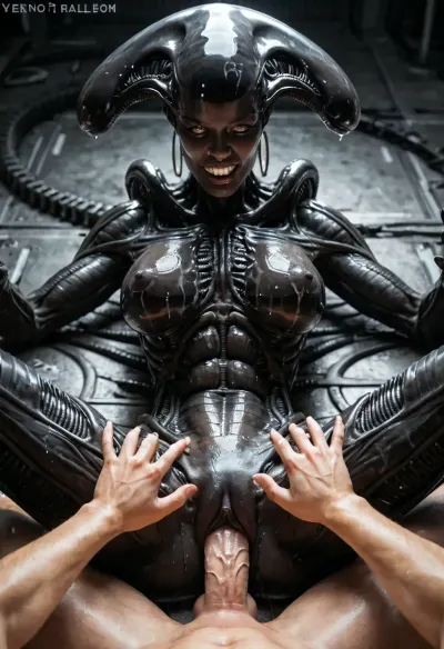 Super realism, ((black skin)), ((xenomorph queen with human face)), ((spread hands)), chained to the walls, cell, black-skinned female, no tail, no hair, ((perfect beautiful woman face)), (((human face))), ((perfect human pussy)), pussy fucking, big dick, monster cock, POV, human massive dick, fuck with man, high detail pussy, high realistic, beautiful 20yo woman face, ((front of head human from forehead transitioning to elongated back part xeno)), ((human face of beautiful woman with normal teeth and eyes)), oiled body, wet body