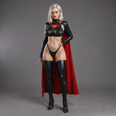 (ashe from Overwatch), sexy leather superman outfit, gigantic breasts, slim hourglass body, (erect nipples:2), full body, masterpiece, best quality 4k HDR high resolution realistic photograph