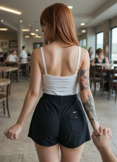 (UHD 8K, masterpiece, best quality, maximum details, extreme realism, cinematic still), (beautiful 27 years old caucasian girl), (restaurant), ginger hair, front bangs, long hair, (blue eyes), (medium perky breasts), (big butt), (cleavage), (freckles on face), (tattoos on arm), (white tank-top), (black booty shorts), (server front pouch:1.2), (naughty smile), (walking away:1.5), (facing away:1.5), (tall fat man:1.2), (holding hand:1.5), (pov)