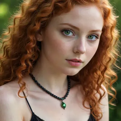 a 18 years old girl, very long autumn red curly hair, bright green eyes, small breasts, hairy trimmed ginger auburn pussy, wearing black pearl necklace