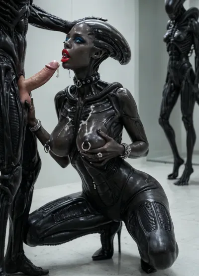 Super realism, ((black skin)), ((xenomorph queen with human face, crouched in front of a man)), black-skinned female, no tail, no hair, ((perfect beautiful woman face)), (((human face))), high realistic, beautiful 20yo woman face, ((front of head human from forehead transitioning to elongated back part xeno)), ((human face of beautiful woman with normal teeth and eyes)), oiled body, wet, (((handjob)), explicit, wearing Ring Gag, blue eyes, beautiful face, choker, earings, extra detailed, high definition, xenomorphic massive flashing breasts, black slave collar, hard nipples, nipple ring piercings, she is massage a mans penis, cum on her xenomorphic body, (bdsm slave:1.4), extra wide hips, ((view from front, pulling her own nipple rings with both hands, Arched back, posing)), (((makeup, eyeliner, mascara, lipstick, eyeshadow))), (((full body))), grabbing her head), 1man, 1girl, dungeon