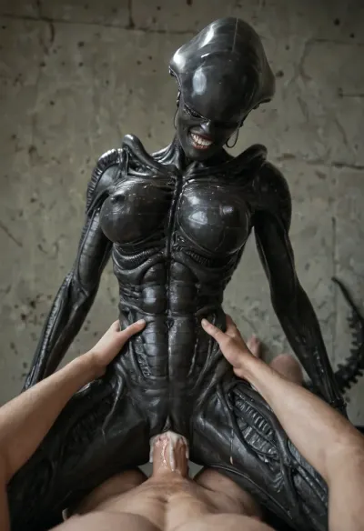 Super realism, ((black skin)), ((xenomorph queen with human face)), hands chained to the walls, cell, black-skinned female, no tail, no hair, ((perfect beautiful woman face)), (((human face))), ((perfect human pussy)), pussy fucking, big dick, monster cock, human massive dick, fuck with man, high detail pussy, high realistic, beautiful 20yo woman face, ((front of head human from forehead transitioning to elongated back part xeno)), ((human face of beautiful woman with normal teeth and eyes)), oiled body, wet body, cum in pussy