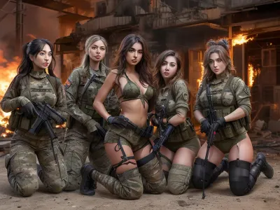 ((1man)), (multiple girls), ((nsfw)), (cfnm), . Female soldiers are standing around a captured shaved hair citizen with his hands behind the head., ((Scared man kneeling at the feet of female hunters)), torn clothes. Man got ripped clothings. Being captured and being grope by 3 young sexy soldiers, 25-year-old friends, fellow woman's hunters. Dressed in various sexy camouflage Hunter costumes, sexy lingerie, bodysuit, undies, nightgown, hightight colored stockings that extend up to their thighs., (light and deep green, brown, black, kaki), (laced up, with meshes), They pose playfully with guns and mischievous smiles, (the girls are standing and holding weapons), . Background set in battlefield with explosions all around, far smoky burned buildings, tanks, military vehicules, forest, sex, sharp focus, depth of field, perfect body, round ass, naked in public. Panorama, full room view, view from afar, side view, head to toes, zoom-out, the camera angle is slightly tilted, influencer-inspired atmosphere.