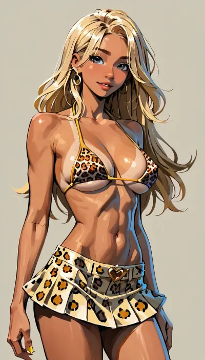 (1girl), tanned skin, (perfect body), vibrant blonde hair, long hair, giant tits, (leopard fabric tight bikini top, and mini skirt), (j_cartoon:1.5), Drawing, <lora:samdoesarts1.1-000030:.4>, <lora:J_cartoon:.4>, <lora:Animated_Concept:.4>