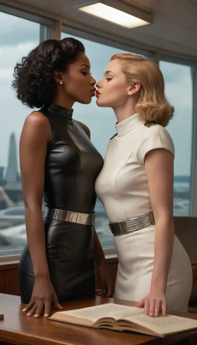 A fair condition, aged and battered vintage science fiction book cover, (showing a interracial lesbian couple consisting of a young black woman and a young WHITE woman in sleek retrofuturistic uniforms that are kissing each other sensually), . They are in front of a large glass window. Outside, in the far distance, we see a 1950s style rocket ship on a launch pad. There is much technology in the background. Show the book sitting on a wooden table. You see all of the book, including the pages. The only writing on the front of the book is the English letter in the top left corner