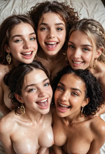 three naked girls, standing facing each other, ((pushing their large perky breasts together)), ((throwing their heads back)), laughing viciously, (((seen from above)))