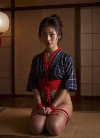 "A young cute petite Japanese woman elegantly posed in a traditional tatami room, wearing a unique sexy plaid-patterned kimono inspired by kasuri weaving techniques. The fabric showcases a beautiful blend of deep indigo, white, and subtle red or brown checkered designs, maintaining a traditional yet distinctive aesthetic. She is bound in an intricate and symmetrical Shibari style with natural jute or red ropes, highlighting the precision of traditional Japanese rope artistry. The soft glow of paper lanterns casts warm light over the serene setting, where shoji screens and wooden textures enhance the authenticity of the environment. Her expression is calm, embodying grace, tradition, and the aesthetic balance of Japanese culture.", <lora:shibari_bondage_-_v0.9.1.2-000010:1.4>