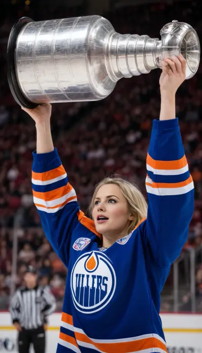 women for the women's team Edmonton Oilers, play hockey at the stadium, ((she raises the Stanley Cup over his head))