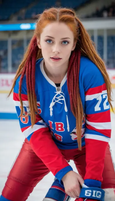 Full body, tall young 26 years old skinny european asian girl, solo girl, (red dreadlocks:1.3), (), (big wide bright blue eyes:1.3), ((sexy ice hockey jersey)), ((bottomless jersey:1.3)), (knee length picture of a woman), ice hockey stadium, good hand, five fingers, perfect picture, candid shot, action pose, masterpiece, professional photography, high quality, ultra detailed