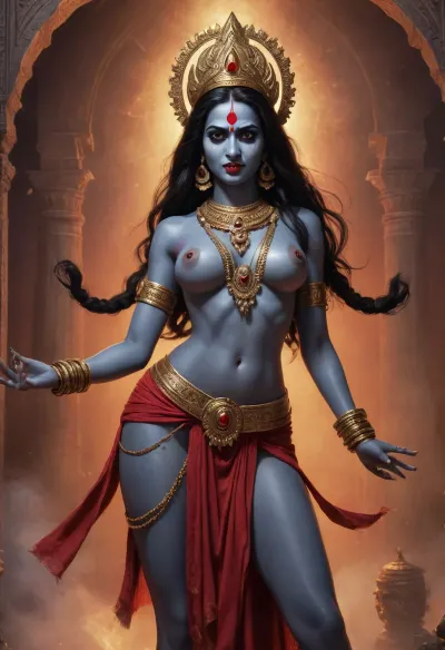 Photorealistic, high definition, Hindu goddess Kali, sexy, sexy legs, midriff, large breasts, four-arms, 4-arms, **AI Image Generator Prompt, **

"Create a photorealistic image of the Hindu goddess Kali, depicted in her most iconic and fierce form. Kali has dark, almost black skin, symbolizing her connection to the divine and the infinite. Her long, disheveled black hair flows wildly around her face and shoulders, adding to her fierce, untamed nature. Her face is strikingly intense, with wide, fierce eyes that convey both power and wrath. Her mouth is open, revealing her long, sharp teeth and her iconic protruding, blood-red tongue, which gives her a terrifying yet captivating look.

Kali is adorned with various ornaments that emphasize her divine power. She wears a necklace made of severed heads, symbolizing the destruction of ego and the transience of life. Her arms are multiple, usually depicted as four or more, with each hand holding different symbolic items, a sword, a trident, and a severed head, while her other hands may be in mudras or gestures of blessing and protection. Her attire consists of a simple, flowing skirt made of human arms or sometimes a cloth adorned with skulls. She stands on the body of her consort, Lord Shiva, symbolizing the balance of creation and destruction, life and death. Her posture is dynamic and powerful, with one foot lifted, ready to stomp. She exudes an aura of fearlessness and strength, as her fierce energy radiates throughout the scene.

The background is typically a dark, chaotic environment, with swirling flames or the dark night sky, emphasizing her association with destruction and transformation. Despite her intimidating appearance, there is an undeniable sense of profound spirituality and liberation in her presence, embodying both the terrifying and transformative aspects of existence."