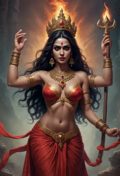 Hindu goddess Kali, sexy, sexy legs, midriff, large breasts, **AI Image Generator Prompt, **

"Create a detailed image of the Hindu goddess Kali, depicted in her most iconic and fierce form. Kali has dark, almost black skin, symbolizing her connection to the divine and the infinite. Her long, disheveled black hair flows wildly around her face and shoulders, adding to her fierce, untamed nature. Her face is strikingly intense, with wide, fierce eyes that convey both power and wrath. Her mouth is open, revealing her long, sharp teeth and her iconic protruding, blood-red tongue, which gives her a terrifying yet captivating look.

Kali is adorned with various ornaments that emphasize her divine power. She wears a necklace made of severed heads, symbolizing the destruction of ego and the transience of life. Her arms are multiple, usually depicted as four or more, with each hand holding different symbolic items, a sword, a trident, and a severed head, while her other hands may be in mudras or gestures of blessing and protection. Her attire consists of a simple, flowing skirt made of human arms or sometimes a cloth adorned with skulls. She stands on the body of her consort, Lord Shiva, symbolizing the balance of creation and destruction, life and death. Her posture is dynamic and powerful, with one foot lifted, ready to stomp. She exudes an aura of fearlessness and strength, as her fierce energy radiates throughout the scene.

The background is typically a dark, chaotic environment, with swirling flames or the dark night sky, emphasizing her association with destruction and transformation. Despite her intimidating appearance, there is an undeniable sense of profound spirituality and liberation in her presence, embodying both the terrifying and transformative aspects of existence."