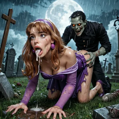 1 man, orañ sex, Daphne Blake, classic outfit, clothes torn in several places, rainy night, wet body, wet hair, on all fours on the grass of a cemetery, blowjob by a zombie, scary looking grey footed zombie with claws and wounds on the body, creampie, orgasm, detailed background