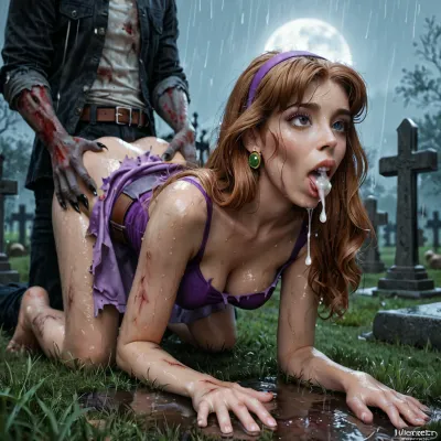1 man, orañ sex, Daphne Blake, classic outfit, clothes torn in several places, rainy night, wet body, wet hair, on all fours on the grass of a cemetery, blowjob by a zombie, scary looking grey footed zombie with claws and wounds on the body, creampie, orgasm, detailed background