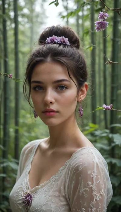 Portrait A stunning anime-style Beautiful woman wearing ancient Thai dress illustration of a springtime scene featuring magnolia. The branches are covered in delicate purple and lavender flowers, glowing softly in the sunlight. violet, and blue with wisps of dreamy clouds. Gentle petals float in the air, creating a peaceful and magical atmosphere. The composition is rich in detail, with a soft and ethereal color palette that enhances the beauty of nature in a fantasy-inspired artistic style. a bamboo forest the background. 8K 3D cinema