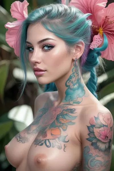 Hyperrealism, extreme close-up Portrait of a beautiful, stunning unique female character. She has large turquoise eyes filled with joy and excitement, extravagant eyelashes, making this image a masterpiece of photography and digital art. Style, realistic hyper-detailed rendering, 32k UHD, expressive eyes, punk, graphic design, pink hibiscus tattoo, girl's face, side view, pretty and cute, gleaming lips, white skin, telling a tale of adventure. Exuding confidence and serenity. Vibrant tattoos adorn her sun-kissed skin