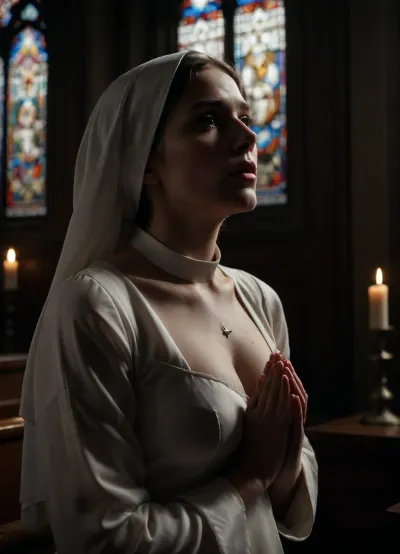 open blouse, (kneeling at pew), (looking up with wonder), mature slender nun, large plump perky breasts exposed, praying with hands between breasts, dark cathedral, stained glass windows with bright light beams coming through, off centered side view, breasts, cutout, clothing, nipples, candlelight vigil, <lora:2BoutOvalSDXL2-000002:.3>, <lora:dark:.4>