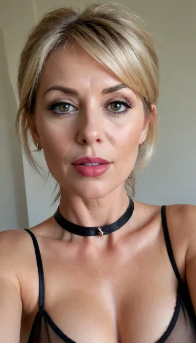 Top view selfie of Sexy gourgeous model, 55 yo, milf, luxury escort, masturbating, black transparent nightie dress, black lingerie bra, small tits, small breast, round breast. A beautiful face, black eyes, (straight bangs), high ponytail blond hair. A pretty happy face, ((inflated lips)), dark brown skin, simple elegant black choker necklace, golden loop earing, pushing, exciting face, (UHD 8K, masterpiece, best quality, maximum details, extreme realism), ultra realistic, taken on a Canon EOS R3, DSLR photo