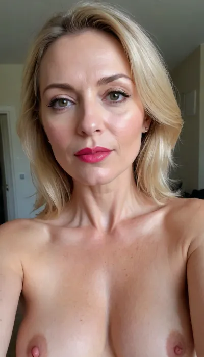 naked, flat Boobs, flat breast, 50 years old, blond hair, medium hair, Milf, sexy wife, wife, Red lips, pink lips, make a selfie