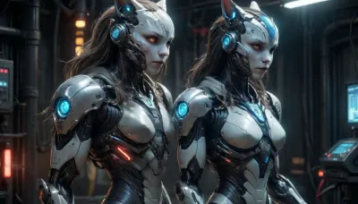research laboratory, futuristic alien style, ((full body view)), male shapeshifting cyborg alien-tiger, female shapeshifting cyborg alien-cat, beardless, long ears, (elongated snout), long cables as hair in a 'Predator' style, black eyes, very lot red luminous veins, lot blue luminous cables, black skin with light printed circuits, (luminous holograms), (small white electric arcs on the skin), very white rusty futuristic armor, B34ut1ful, 4ndr01d, cyborg, metal, gears, circuits, bioluminescent, detailed face, detailed armor, mecha, glowneon, glowing, sparks, lightning, <lora:Beautiful_Android:1.2>, <lora:277457_training_data:2>, <lora:mecha-000009 (1):1.2>, <lora:glowneon_xl_v1:1.2>