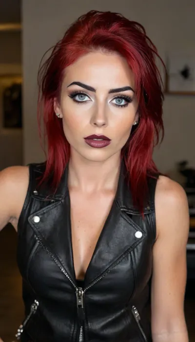 ziprealism, (rocker, rockstar, rock star woman, leather vest:1.4), (confident pose, expressive eyes, angular facial features:1.2), ((smug), , , rockstar esthetic makeup, sharp eyebrows, muscular shoulders:1.6), (warm romantic lighting, shallow depth of field, strong saturation, vintage analog lens, Dutch Angle, focus on eyes:1.2), (goosebumps, vellus hairs, freckles, perfect eyes:.4), (rude hairstyle, vivid hair, undercut hair:1.2), (natural skin texture, maximum quality skin texture, RAW photography, uncompressed), (cozy bedroom, large comfortable bed), igbaddie, <lora:style_lora_realis:.8>, <lora:igbaddie-XL:.4>