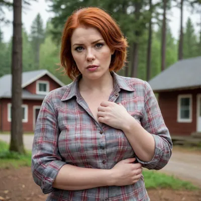 A red-haired, freckled mature chubby woman, (short straight wet hair), .very big boobs., (plaid shirt with sleeves rolled up at the forearms), . Huge breasts, large nipples., (strong large shoulders), . Very large lips., (The mouth is large, very thick-lipped.), ., (strong forearms), . Brown eyes., (wristwatch on one hand), . Lustful look., (raised eyebrow), .Full length view In the village. Forest.