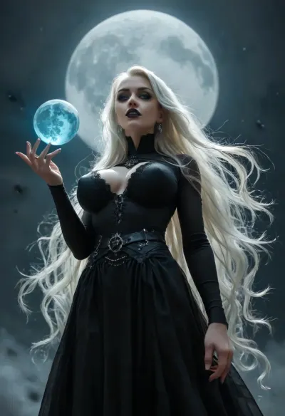 score_9_up, score_8_up, score_7_up, tall slender woman, lady death, hourglass figure, black lipstick, mouth slightly opened, teeth, (holding a glowing ball), eyesshadow, long eyelash, mini waist, massive hip, giant sagging breasts, extremely pale skin, (platinum long flowing hair:1.3), flowing_transparent_black_bodysuit, flowing belt, wind, flouting in the air, night, flying bat see through the moon, (extreme full cyan moon:1.6), low angle shot, <lora:style_lora_realis:.8>