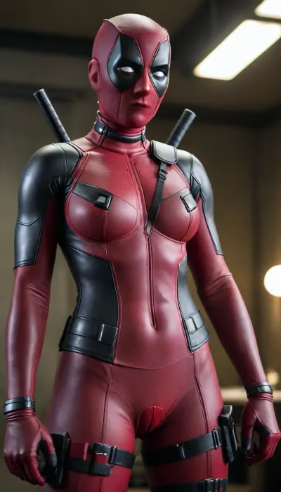 Female Deadpool, big tits, shaved pussy.