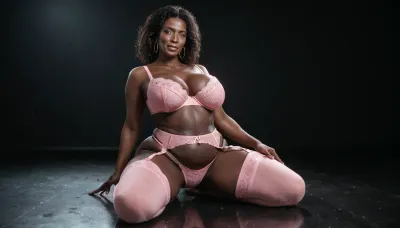 (milf:1.2), voluptuous, obese black african woman, absolutely black skin, deep ebony skin, African, Nigerian, Nubian, (((absolutely black skin))), flat belly, kneeling on the floor, medium view, behind view, messy hair, dark room, black background, black floor, 1980s porn style photo, (beautiful face, perfect eyes:1.2), eyes open, (milf:1), thick, wide hips, black room, (huge breasts:1), (massive ass:1.2), (wide_hips), collarbone, (pink leather bra, pink leather thong, pink stockings, pink garter belt, with straps), solo_focus, sensual, seductive, parted lips, looking at the viewer, black background.