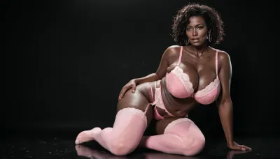 (milf:1.2), voluptuous, obese black african woman, absolutely black skin, deep ebony skin, African, Nigerian, Nubian, (((absolutely black skin))), flat belly, kneeling on the floor, medium view, behind view, messy hair, dark room, black background, black floor, 1980s porn style photo, (beautiful face, perfect eyes:1.2), eyes open, (milf:1), thick, wide hips, black room, (huge breasts:1), (massive ass:1.2), (wide_hips), collarbone, (pink leather bra, pink leather thong, pink stockings, pink garter belt, with straps), solo_focus, sensual, seductive, parted lips, looking at the viewer, black background.