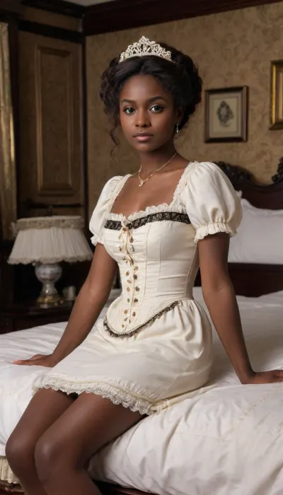 3/4 view, (young pretty woman:1.6), 18 y.o., straight shoulder length hair, brown eyes, (very dark skin:1.6), petite, slim, dark areola, ((tight big breasts)), bushy pubic hair, innocent, shy, submissive, posing like a pornstar, (victorian maid outfit), (victorian bedroom:1.6), <lora:681678_training_data:.8>