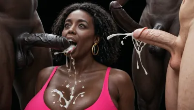 (milf:1.2), voluptuous, obese black african woman, absolutely black skin, deep ebony skin, African, Nigerian, Nubian, (((absolutely black skin))), pink spandex top, massive breasts, surprised, happy, amused, looking at a massive cock of a white male with a gigantic thick 25 inch penis, huge erection., cum on breasts, deep throat, blowjob, cumexplosion in mouth, (ejaculation:1.5), cum dripping from mouth, black room, black background, surrounded by black dicks, 3+men, black background.