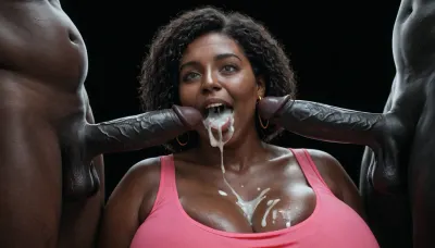 (milf:1.2), voluptuous, obese black african woman, absolutely black skin, deep ebony skin, African, Nigerian, Nubian, (((absolutely black skin))), pink spandex top, massive breasts, surprised, happy, amused, looking at a massive cock of a white male with a gigantic thick 25 inch penis, huge erection., cum on breasts, deep throat, blowjob, cumexplosion in mouth, cum dripping from mouth, black room, black background, surrounded by white dicks, 3+men, black background.