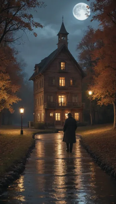 a dark night, bright stars, a wooden rustic house with carved architraves, tulle lights in the windows, an old bench in front of the house, a big fat cat is resting on a bench under the moon and a grandfather is sitting dressed in peasant clothes in a sheepskin coat and smoking cigarettes, next to the house is a large fluffy weeping willow, a path, a pond nearby. the fog. realistic. professional photo. in autumn. a fisherman's boat is moored near a birch tree, ode, culture, story