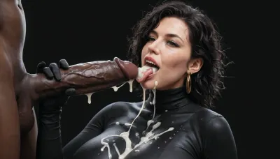 white curvy woman, extremely long straight black hair, messy hair, (milf:1.2), dark eyes, black spandex jumpsuit with turtleneck, wearing black gloves. massive breasts, amused, happy, licking the head of a massive cock of a black african male with a gigantic thick 25 inch penis, huge erection, handjob, cumshot on tongue, (ejaculation:1.2), excessive cum on breasts, cum on tongue, cum dripping from tongue, black room, black background.