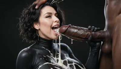 white curvy woman, extremely long straight black hair, messy hair, (milf:1.2), dark eyes, black spandex jumpsuit with turtleneck, wearing black gloves. massive breasts, amused, happy, licking the head of a massive cock of a black african male with a gigantic thick 25 inch penis, huge erection, handjob, cumshot on tongue, (ejaculation:1.2), excessive cum on breasts, cum on tongue, cum dripping from tongue, black room, black background.