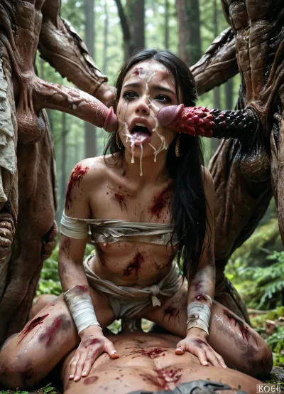 30 years old comanche tribe warrior girl clothed with war paint on the face and black very long straigh hair, massively fucked by alien and predator, small breasts, face, in dark forest, pleasure face, cum on face, double penetration cowgirl with alien and predator, wounds, bandages, dirty body, midthunder, <lora:amber_m_lora_sdxl_5000_lora_f32:.8>