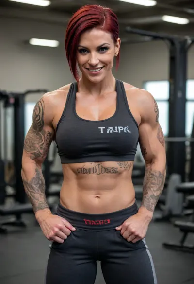 (Buff woman), (muscle definition), ((muscular)), (large muscles), (toned), (tomboy), busty, (large breasts), flexing, showing off, medium/short straight black/red hair, black sports bra, gray sweatpants, tanned skin, cocky grin, tattooed arms