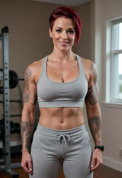 (Buff woman), (muscle definition), ((muscular)), (large muscles), (toned), (tomboy), busty, (large breasts), flexing, showing off, medium/short straight black/red hair, topless, gray sweatpants, tanned skin, cocky grin, tattooed arms