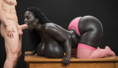 Super busty fat black african milf, naked, wife, fat, obese, on all fours, ass, round, voluminous, bent, On steel desk, shows, absolutely black skin, deep ebony skin, African, Nigerian, Nubian, (((absolutely black skin))), long straight black hair, sleek long hair, dark eyes, beautiful, haircut, black hair, (pegging), (super massive soft breasts, huge nipples:.4), sex from behind, wide hips, thin waist, (massive ass:1.1), (massive breasts:1.1), fit young african black man with huge dick fucks MILF doggystyle from behind, naked breasts, pink leather panties, panties aside, thigh high pink stockings, pleasure face, eyes closed, blowjob, deep throat, screaming, enjoying, horny, surrounded by dicks, masturbating, black room, black background, <lora:PaytonPreslee_SDXL_v1-000005:.8>