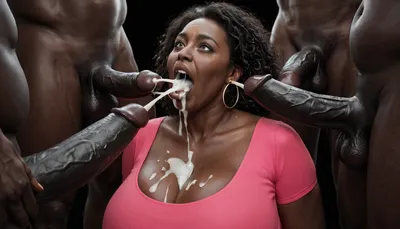 (milf:1.2), voluptuous, obese black african woman, absolutely black skin, deep ebony skin, African, Nigerian, Nubian, (((absolutely black skin))), pink spandex top, massive breasts, surprised, happy, amused, looking at a massive cock of a white male with a gigantic thick 25 inch penis, huge erection., cum on breasts, deep throat, blowjob, cumexplosion in mouth, (ejaculation:1.5), cum dripping from mouth, black room, black background, surrounded by black dicks, 2+men, black background.