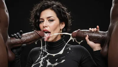 white curvy woman, (milf:1.3), extremely long black hair, messy hair, dark eyes, black jumpsuit with turtleneck, wearing black gloves. licking the head of a massive cock of a black african male, with a gigantic thick 25 inch penis, huge erection, handjob, grabbing the back of her head, cumshot on tongue, (ejaculation:1.2), excessive cum on body, cum on tongue, cum dripping from tongue, black room, black background.