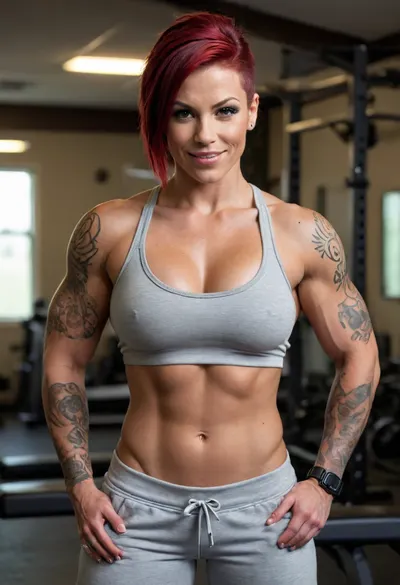 (Buff woman), (muscle definition), ((muscular)), (large muscles), (toned), (tomboy), busty, (large breasts), flexing, showing off, medium/short straight black/red hair, (topless), (bare chest), large areolae, baggy sweatpants, tanned skin, cocky grin, tattooed arms